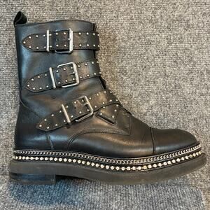 Vince Camuto Bobette 3 Strap Black Leather Combat Boots Womens 8.5 Biker Studded